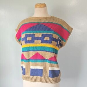 Russ Petites Vtg 80s 90s Tan Knit Sweater Vest Ramie Cotton Blend Womens Large L